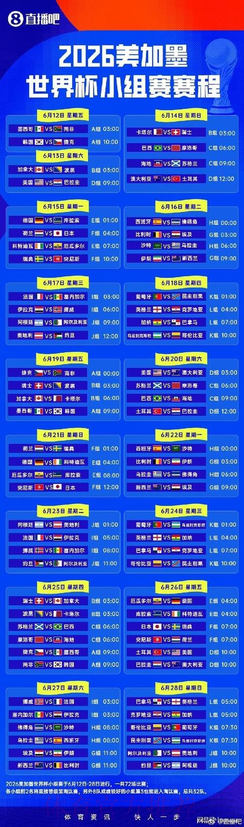 2026世界杯小组赛赛程一览比赛时间表直播平台